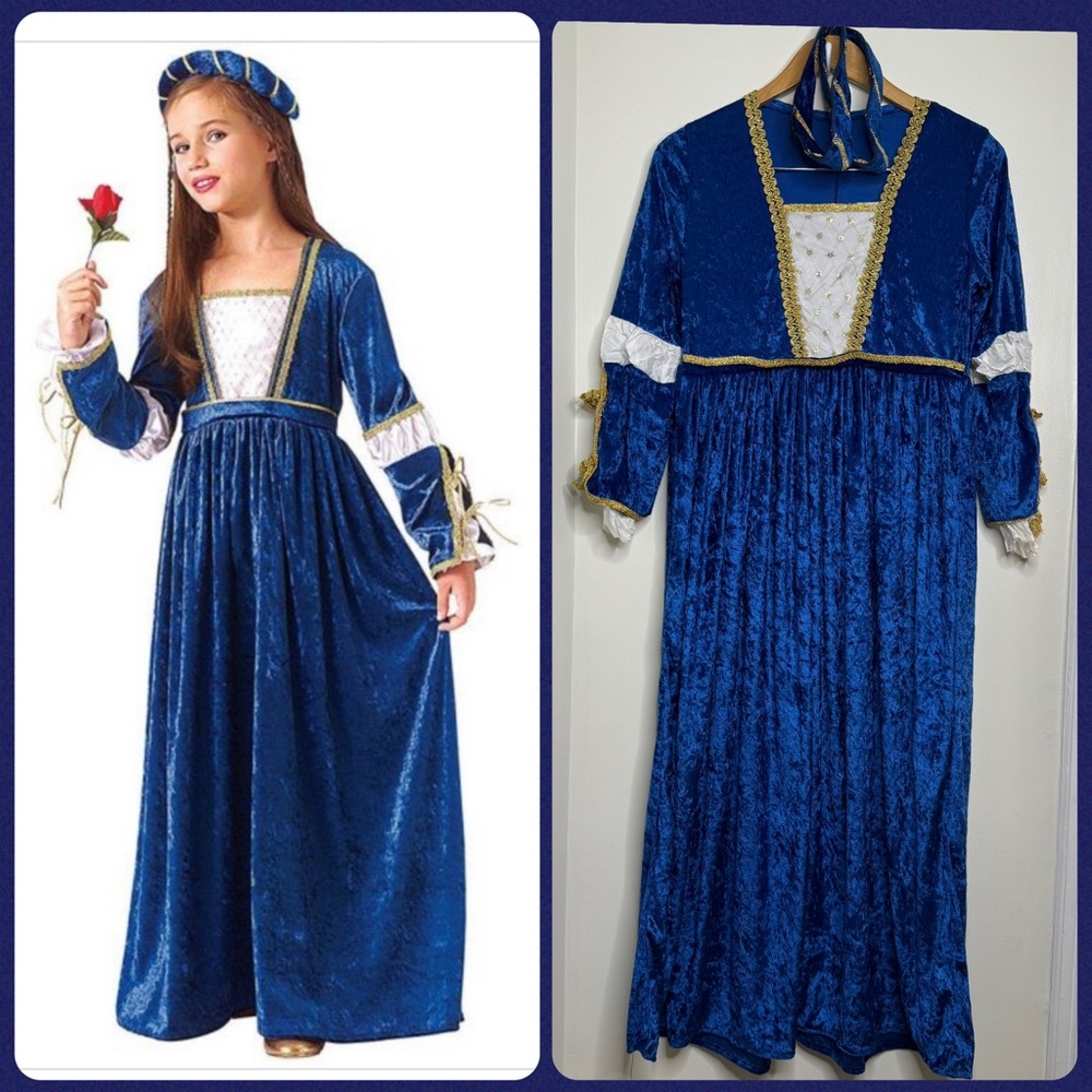 Rubie’s Juliet Costume Size Large Blue Crushed Velvet Gold Accents & Headpiece